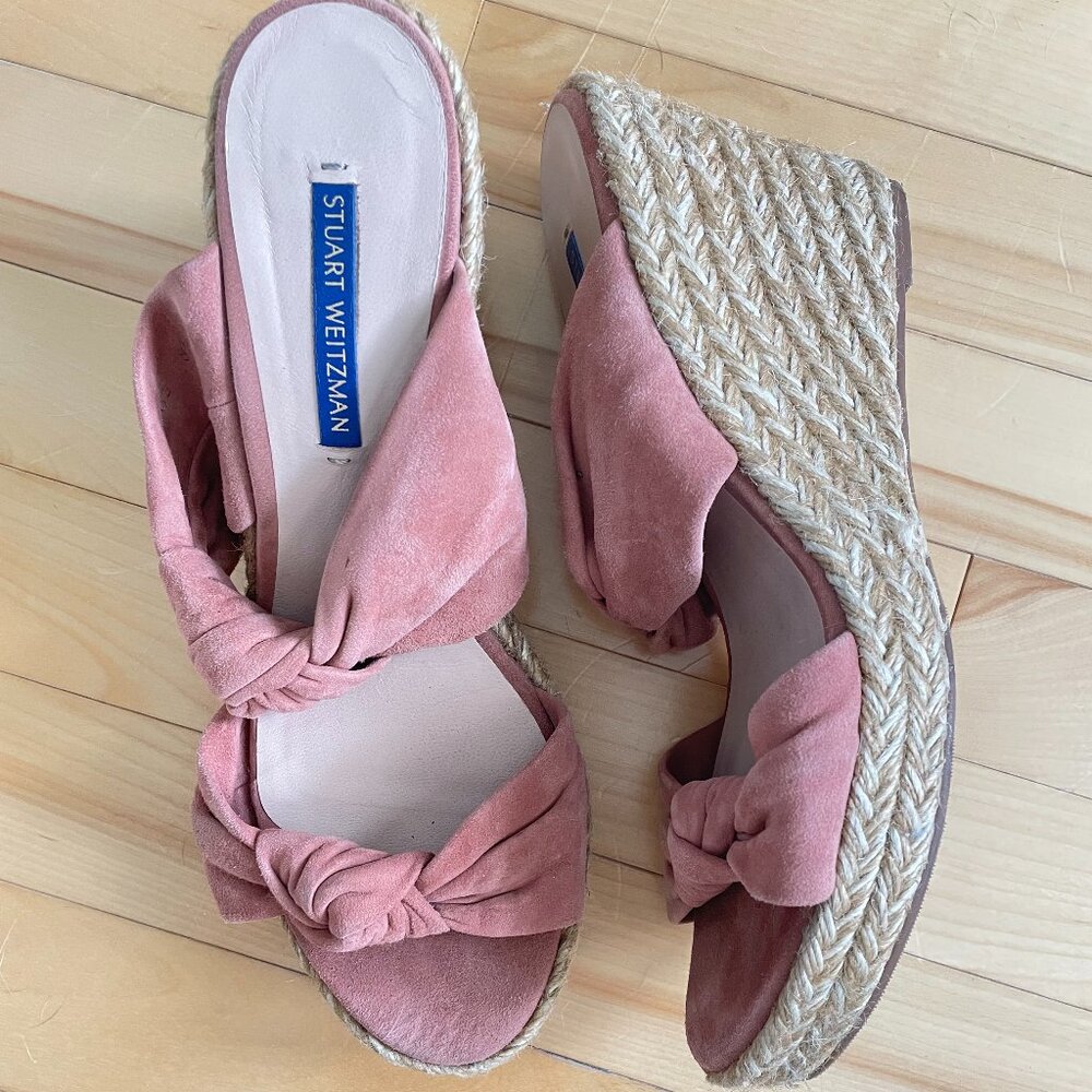 Stuart Weitzman Pink Suede Knot Espadrille Wedge Sandals
